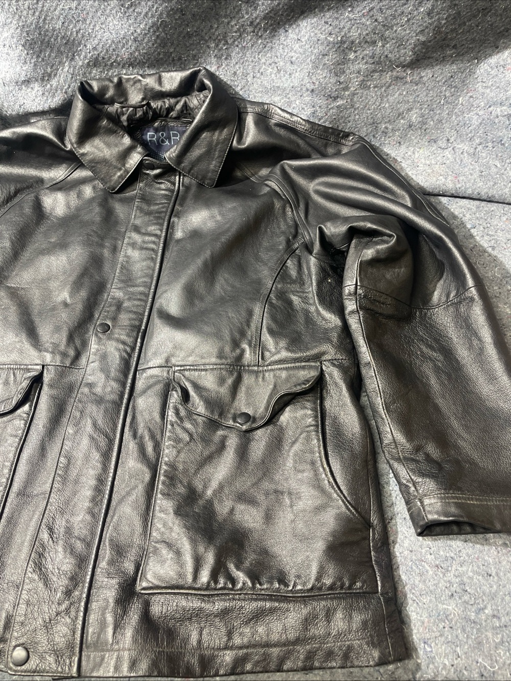 R&R Black Leather Military-Style Field Jacket
